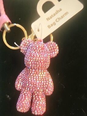 Natasha Couture Pink Teddy Bear Crystal Keychain with braided strap NEW